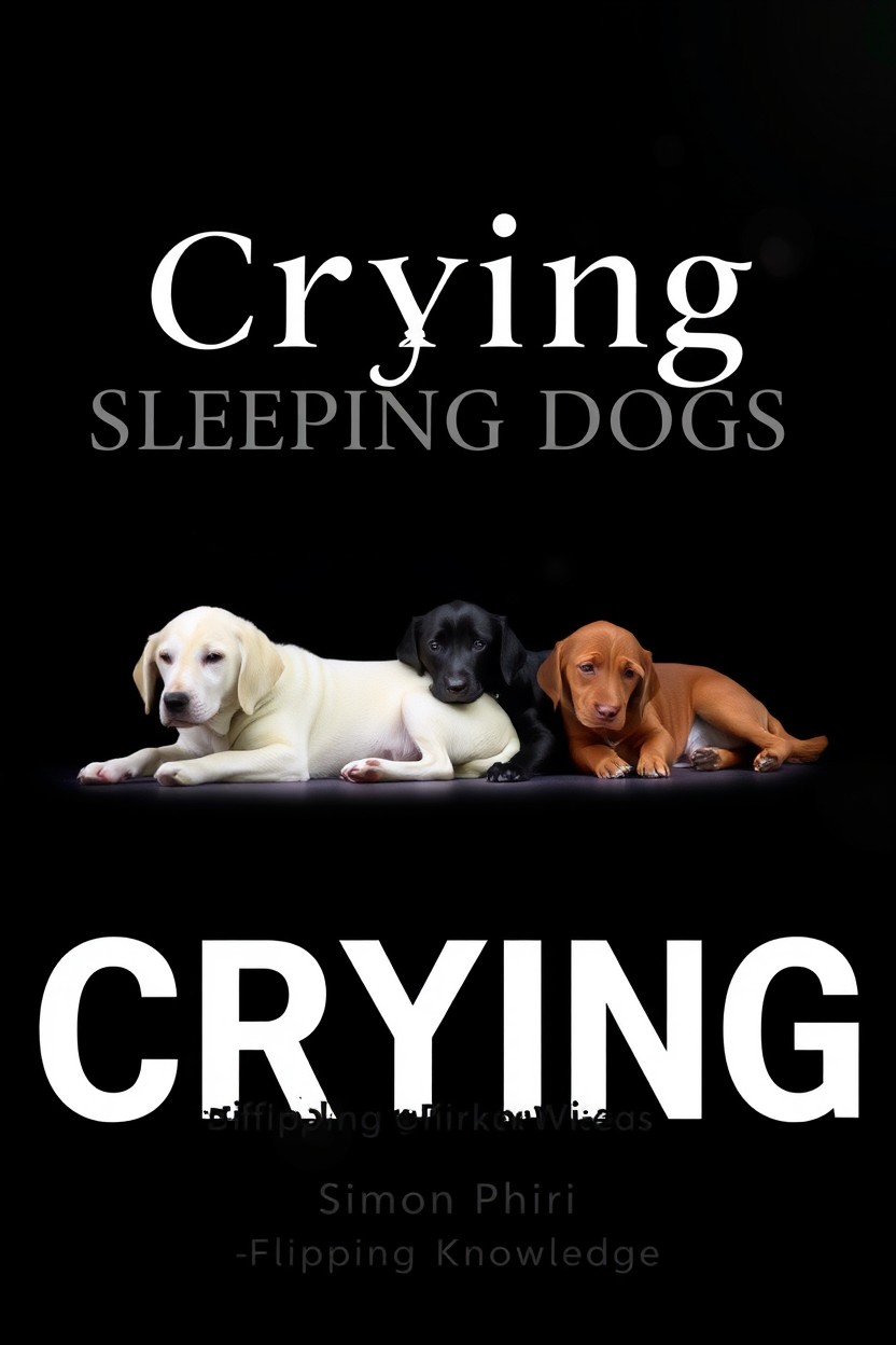 A serene book cover design featuring three dogs lying on the ground; a white dog, a black dog, and a brown dog positioned comfortably together