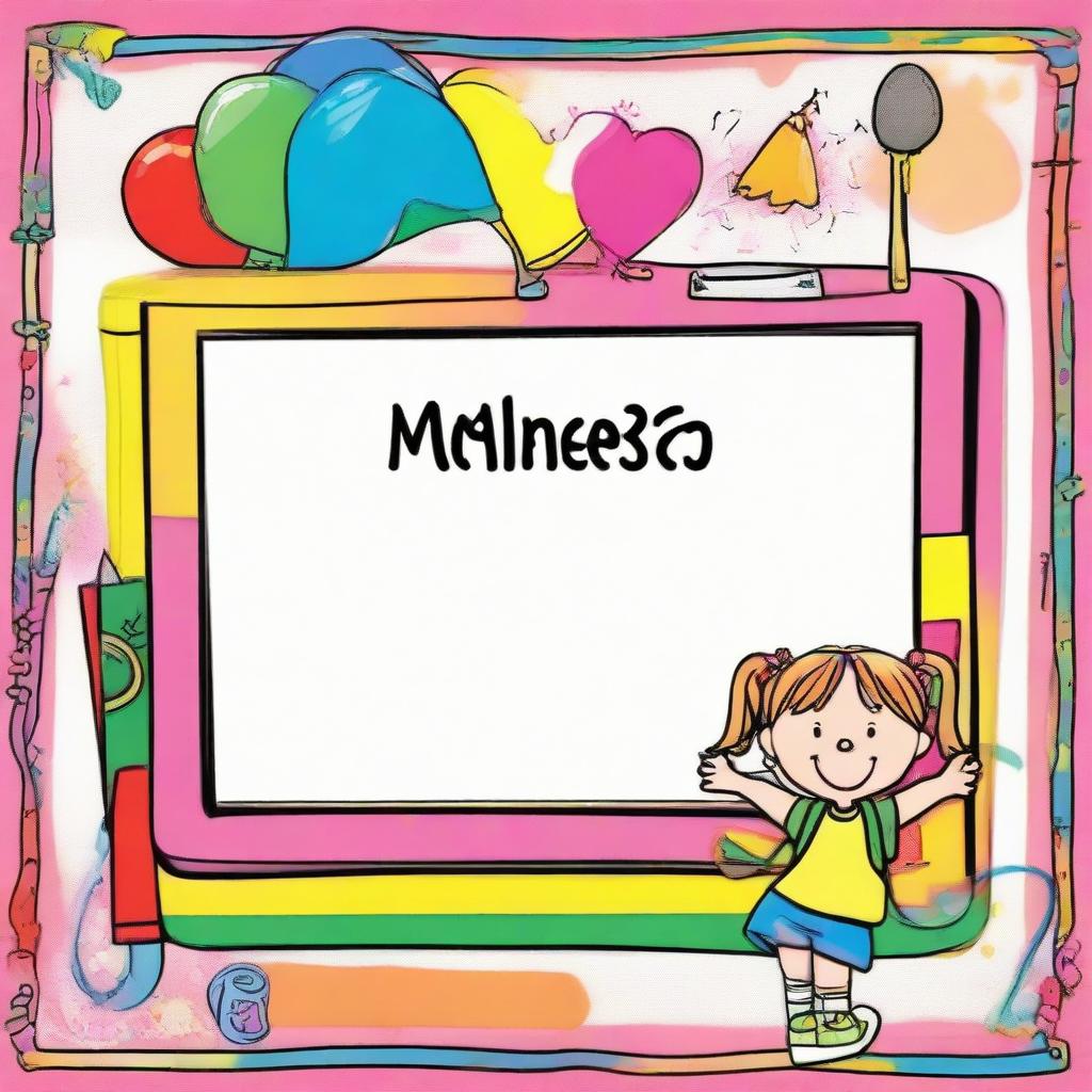 A vibrant and fun picture, with a colorful border containing an area to write a child's name and a blank space to inscribe the subject, perfect for pasting on a school book.