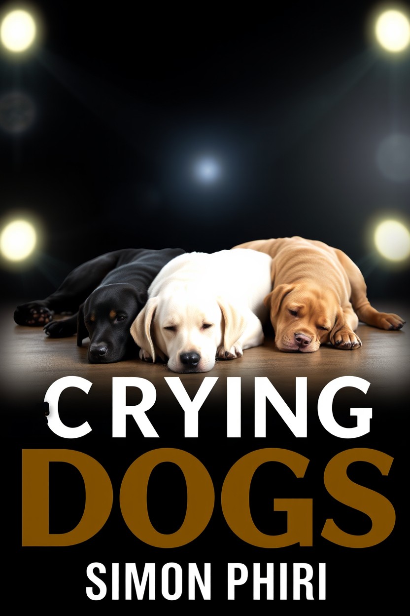 A visually striking book cover design featuring a serene scene of three dogs lying on the ground: a white dog, a black dog, and a brown dog
