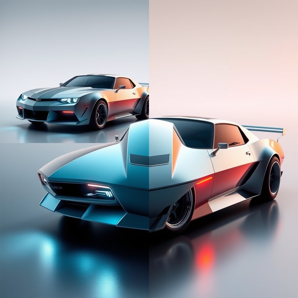 A futuristic evolution of the 1979 Chevrolet Camaro, featuring the iconic pointed nose and retro design elements fused with modern aesthetics