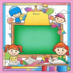 A vibrant and fun picture, with a colorful border containing an area to write a child's name and a blank space to inscribe the subject, perfect for pasting on a school book.