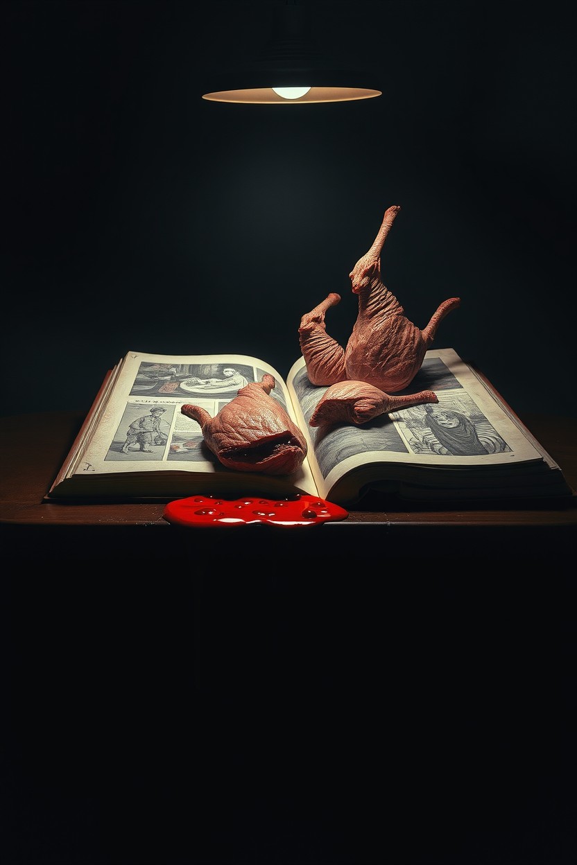 A surreal scene featuring a large, opened book lying on a table, with illustrations of vivid, red blood and intricately carved meat sculptures emerging from the pages, blending fantasy and reality