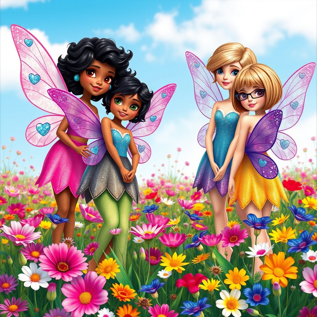 Four fairies in a flower field: the first fairy has caramel skin with shoulder-length black curly hair, and light pink wings decorated with turquoise hearts; the second fairy has caramel skin and wavy black hair, with purple wings adorned with blue glitter; the third fairy has slightly tanned skin, brown hair styled up, and very light purple wings with pink glitter; the fourth fairy has fair skin, shoulder-length blonde hair in a bob, glasses, and blue wings with dark purple glitter