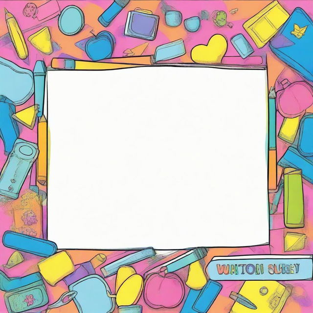 A vibrant and fun picture, with a colorful border containing an area to write a child's name and a blank space to inscribe the subject, perfect for pasting on a school book.