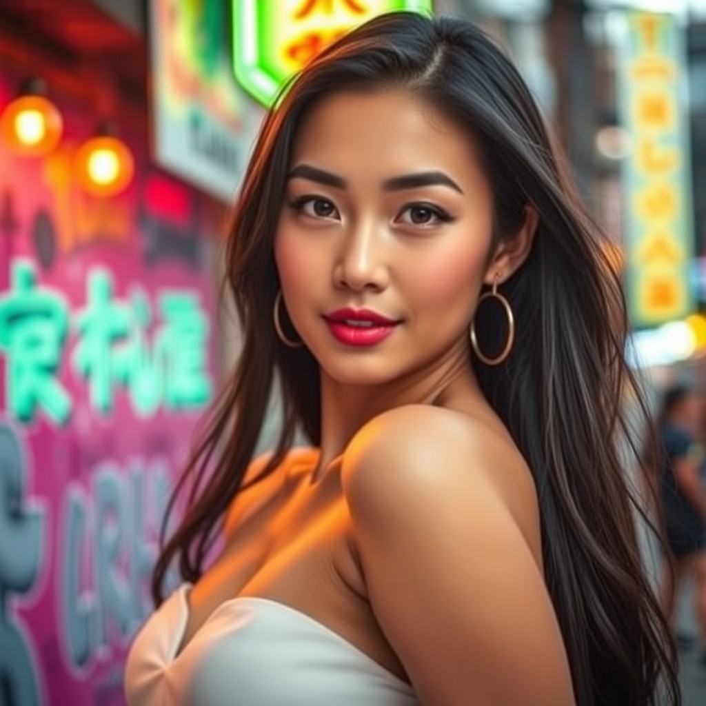 A stunning Asian woman exuding confidence and beauty, wearing a stylish outfit that enhances her attractive features