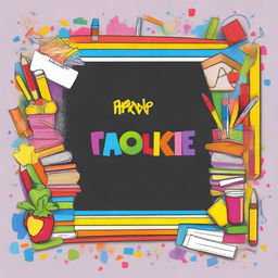 A vibrant and fun picture, with a colorful border containing an area to write a child's name and a blank space to inscribe the subject, perfect for pasting on a school book.