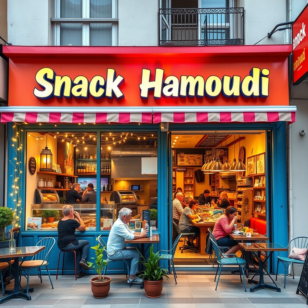 A vibrant and inviting restaurant named 'Snack Hamoudi', featuring an colorful exterior with a warm and welcoming atmosphere