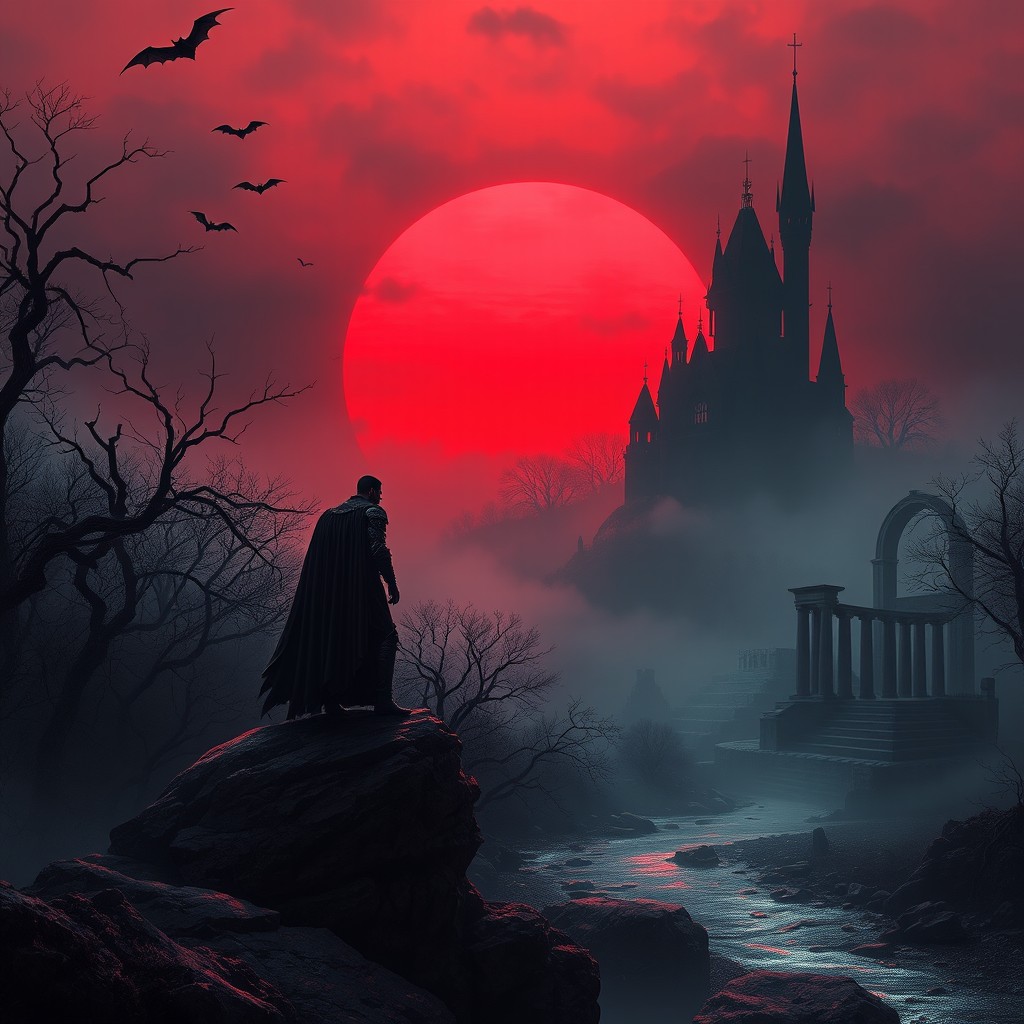 A dark, atmospheric landscape inspired by the game V Rising, featuring a gothic castle silhouetted against a blood-red sunset