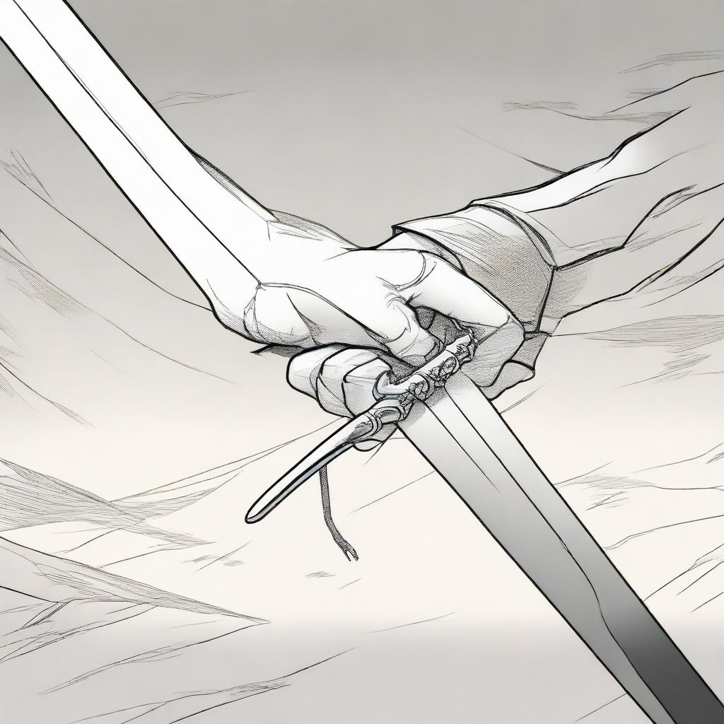 A 2D comic scene showing a single hand grasping firmly onto a sleek, sharp sword