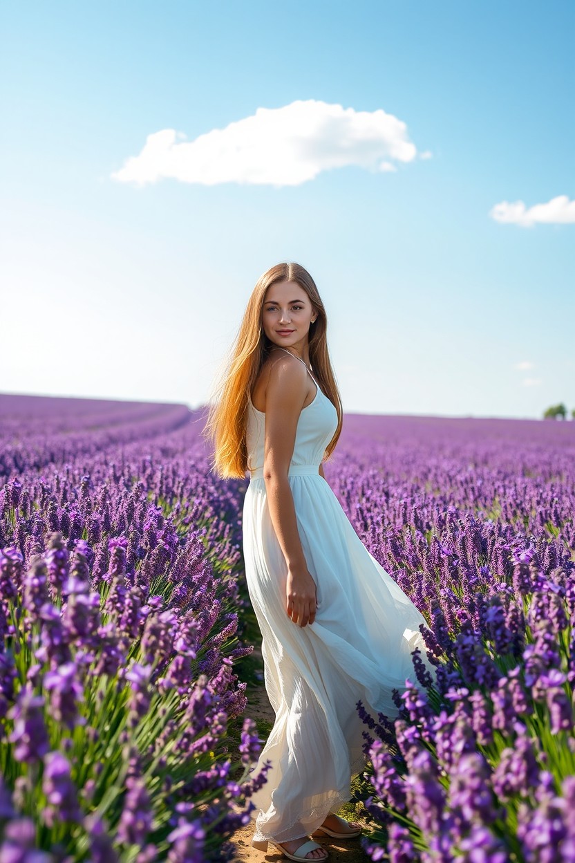A beautiful woman standing gracefully in the foreground of a lush lavender field that stretches into the distance, vibrant purple flowers blooming all around her