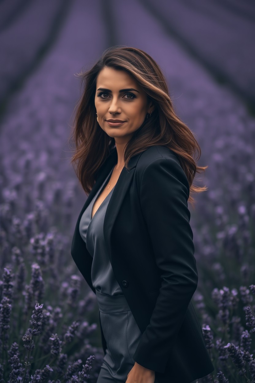 A woman in her 30s, standing gracefully in a lavender field