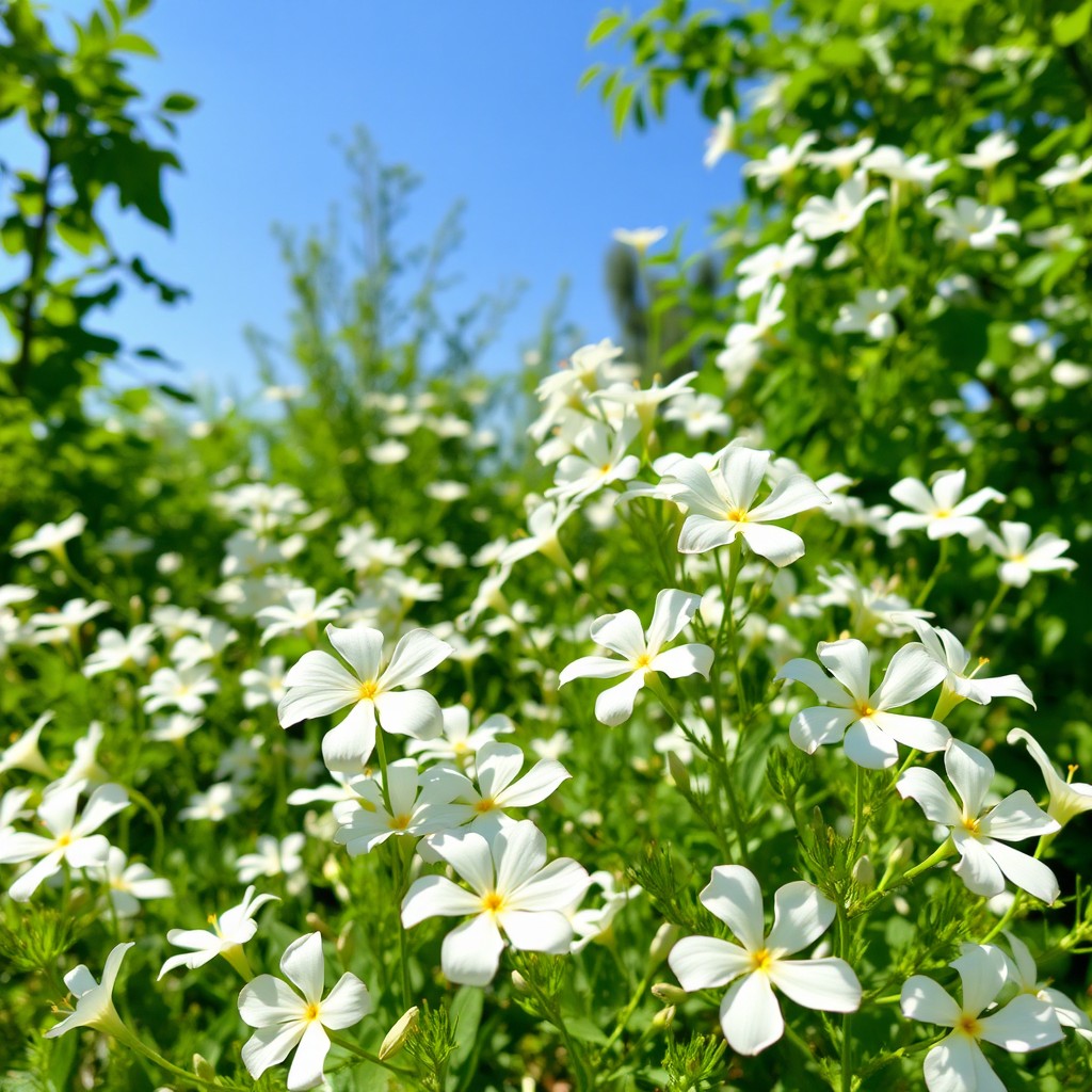 A serene garden scene showcasing a variety of beautiful flowers, specifically featuring delicate blooms that are all white