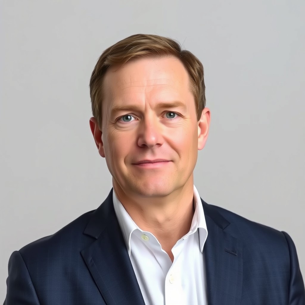A professional and clear identity photograph of an adult male with short brown hair, wearing a dark blue suit and a white shirt, with a neutral expression, against a plain light gray background