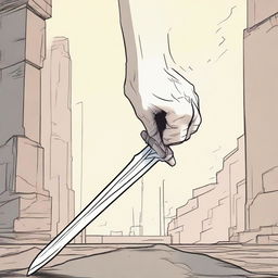 A 2D comic scene showing a single hand grasping firmly onto a sleek, sharp sword