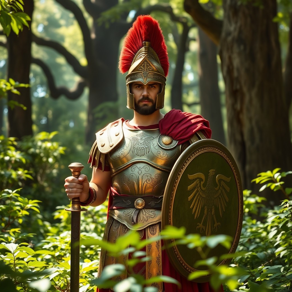 A Roman Centurion standing proud in the dense Teutoburg Forest, clad in polished bronze armor adorned with intricate engravings, a red plumed helmet on his head