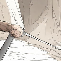 A 2D comic scene showing a single hand grasping firmly onto a sleek, sharp sword