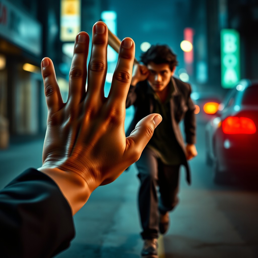A warning hand raised towards a character named 'Tung Tung Sahur' who is approaching with a baseball bat