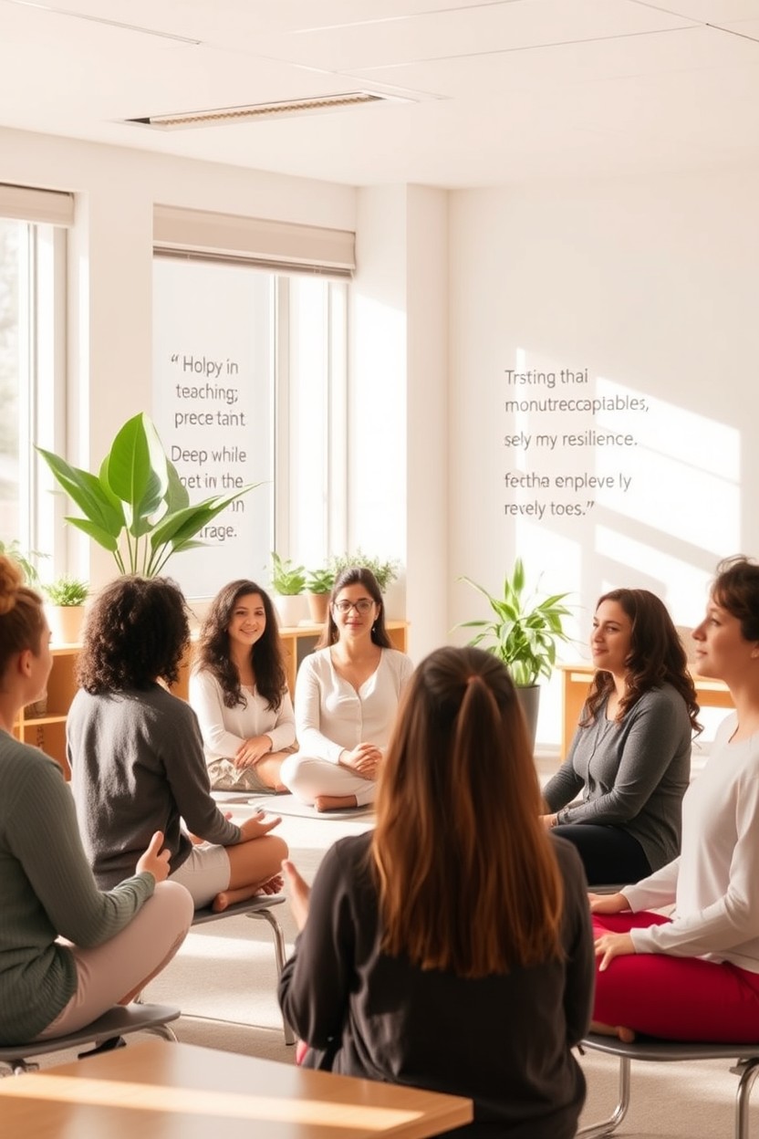 A serene and calming classroom environment, capturing the essence of emotional well-being for educators