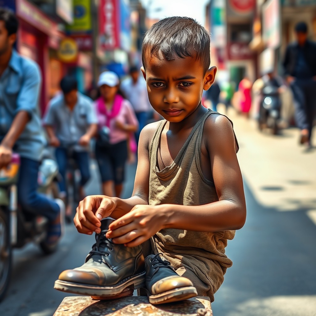 A young boy polishing shoes on a busy street, showcasing his determination and resilience despite his poverty