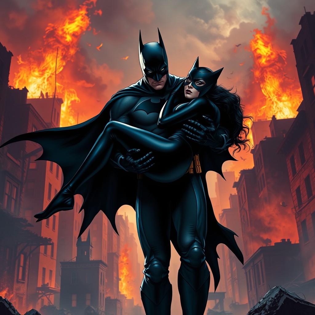 Batman holding Catwoman in a bridal carry, showcasing their dynamic yet tender relationship, amidst a fiery backdrop of Gotham City