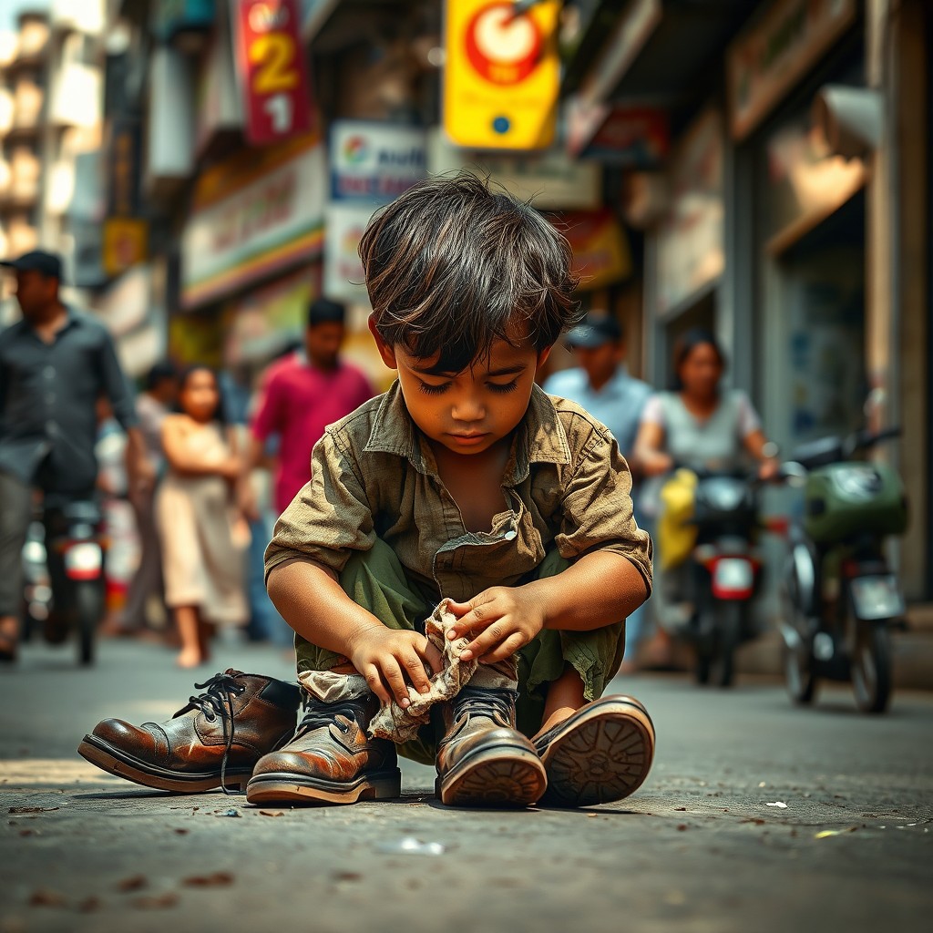 A young child, dressed in tattered clothes, is cleaning shoes on a bustling street