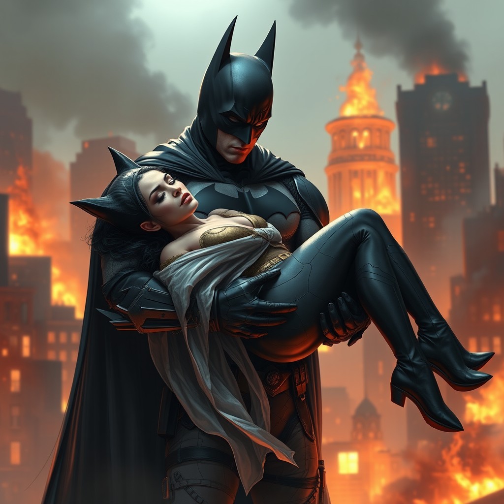 Batman, holding Catwoman in a bridal style, stands amidst a city burning in the background
