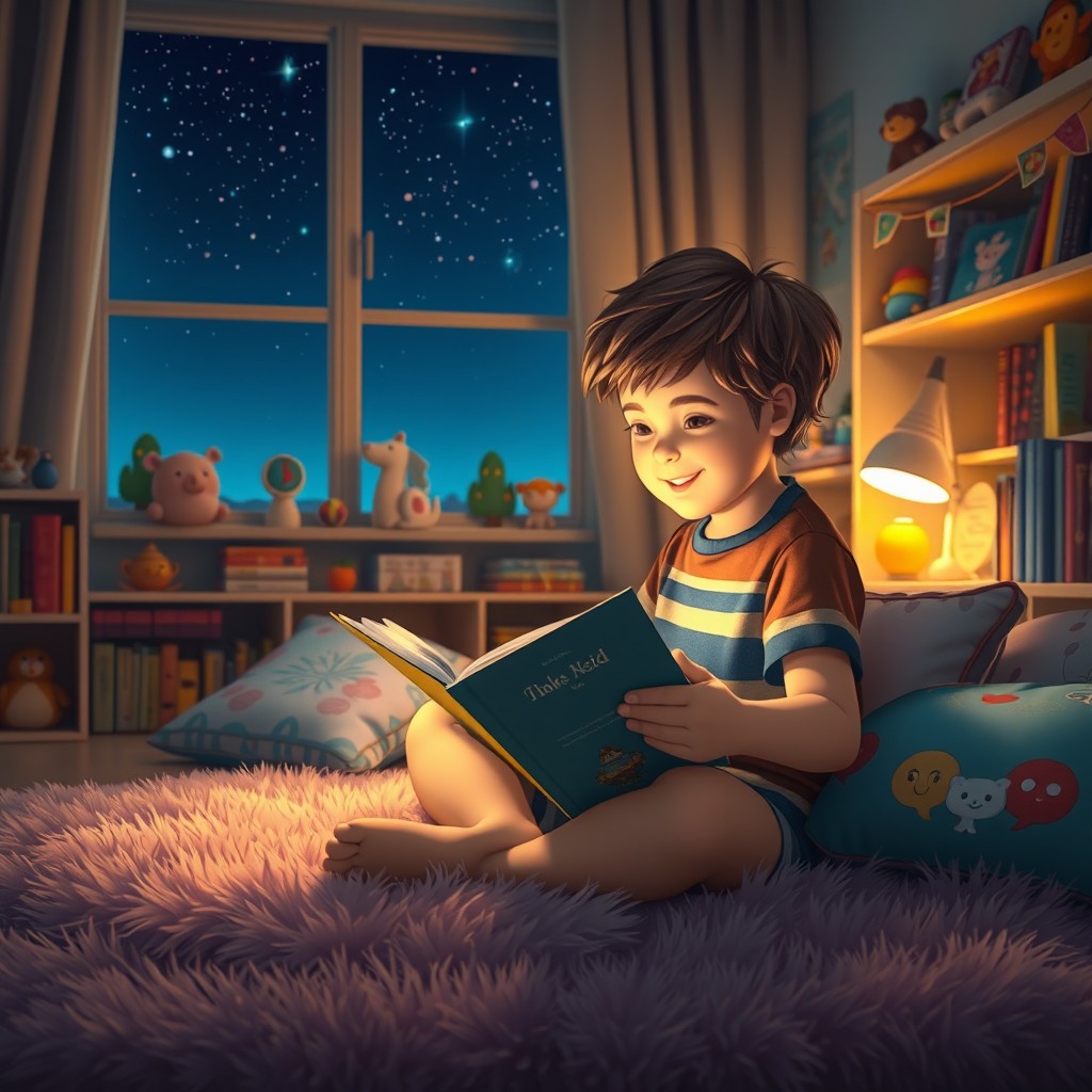 A cozy scene of a child reading a book at night under soft, warm light