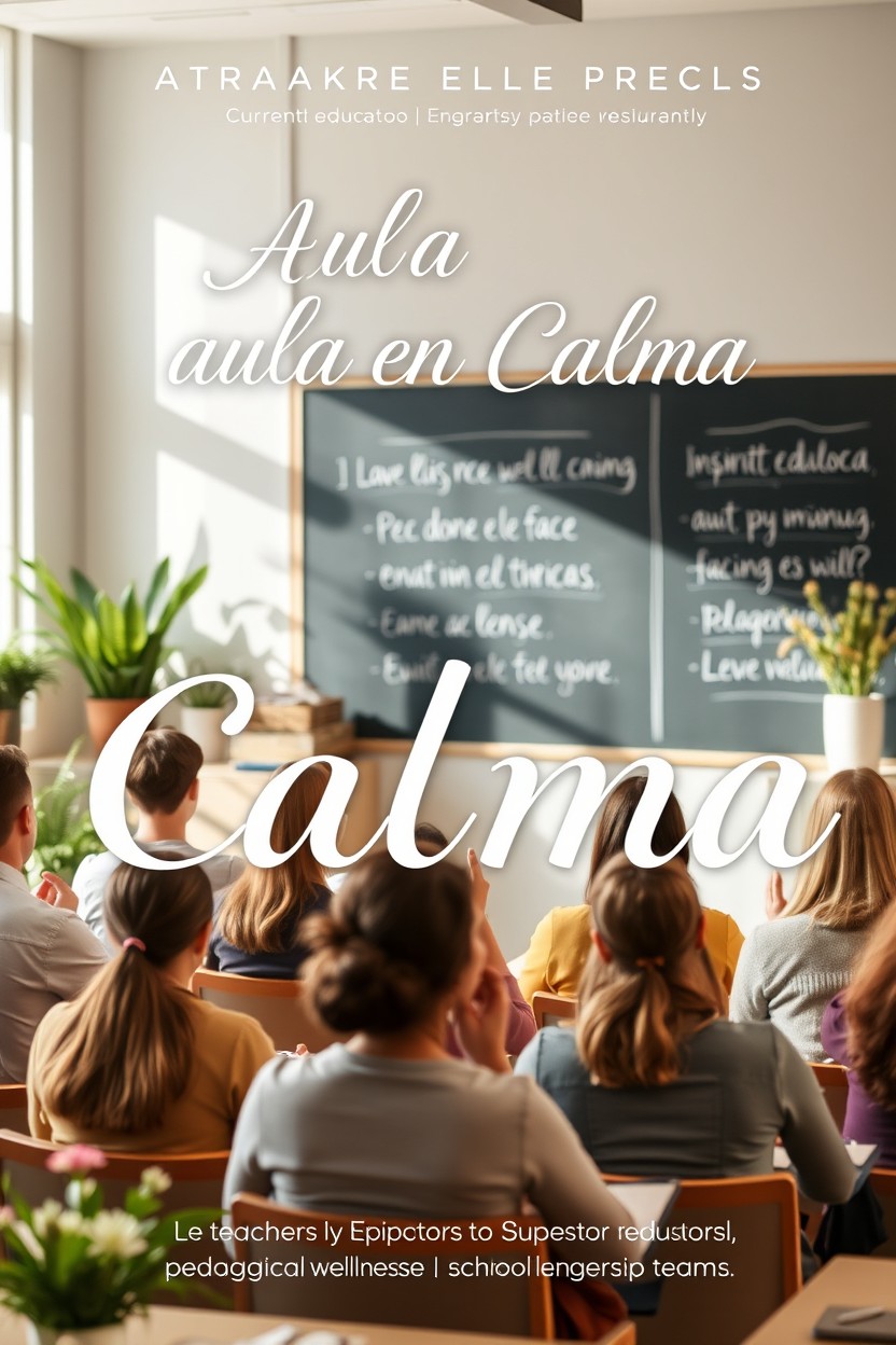 An inspirational book cover for 'Aula en Calma', featuring a serene classroom setting with soft natural light