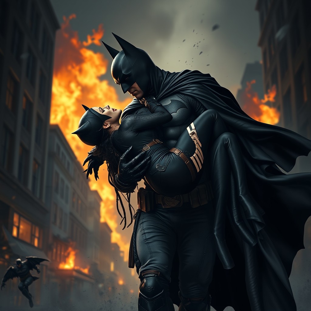 Batman holding Catwoman in a bridal carry, with her eyes closed and her costume torn, showcasing a dramatic scene