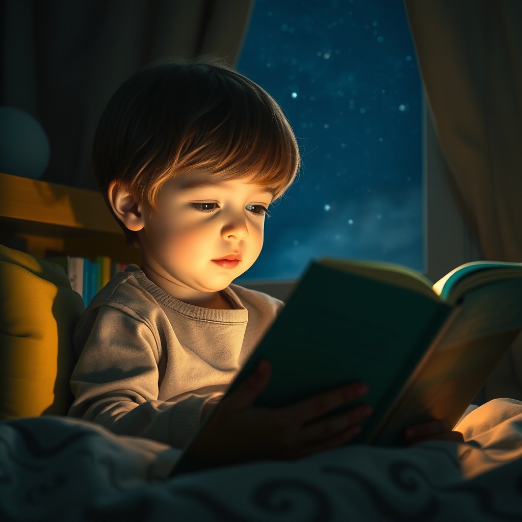 A child quietly reading a book in the night, illuminated by a soft, dim light
