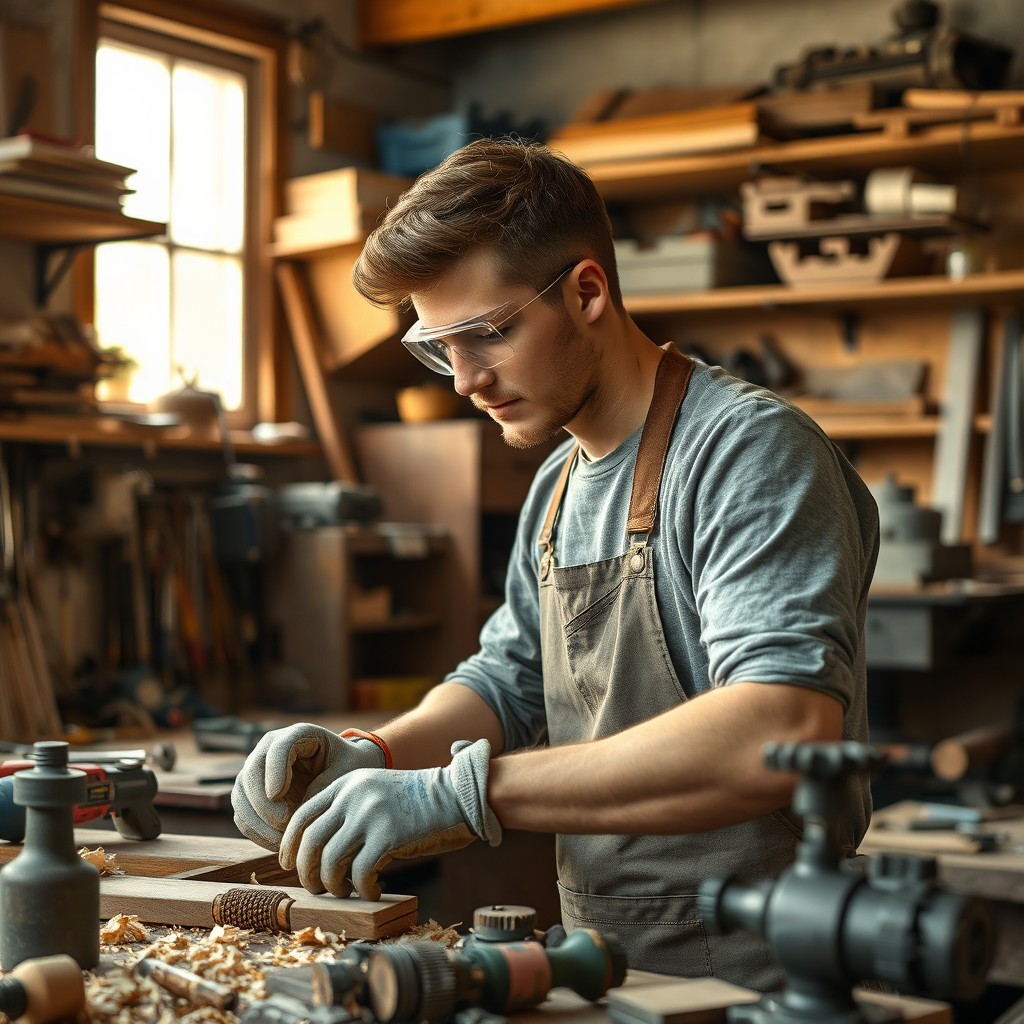A young man working inside a workshop, surrounded by various tools and equipment, showcasing a focused expression as he handles materials with precision