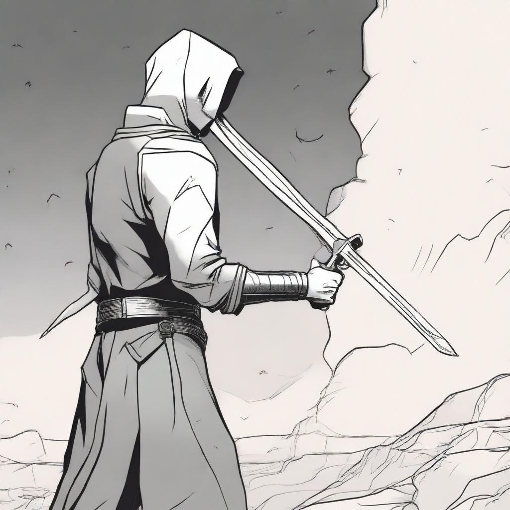 A 2D comic scene capturing a side view of a single hand firmly grasping a sword