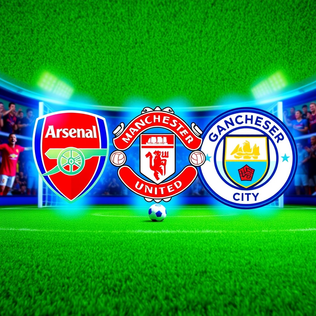A vibrant and dynamic digital art creation featuring a beautifully detailed composite of the logos of Arsenal, Manchester United, and Manchester City