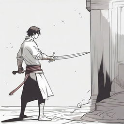 A 2D comic scene capturing a side view of a single hand firmly grasping a sword