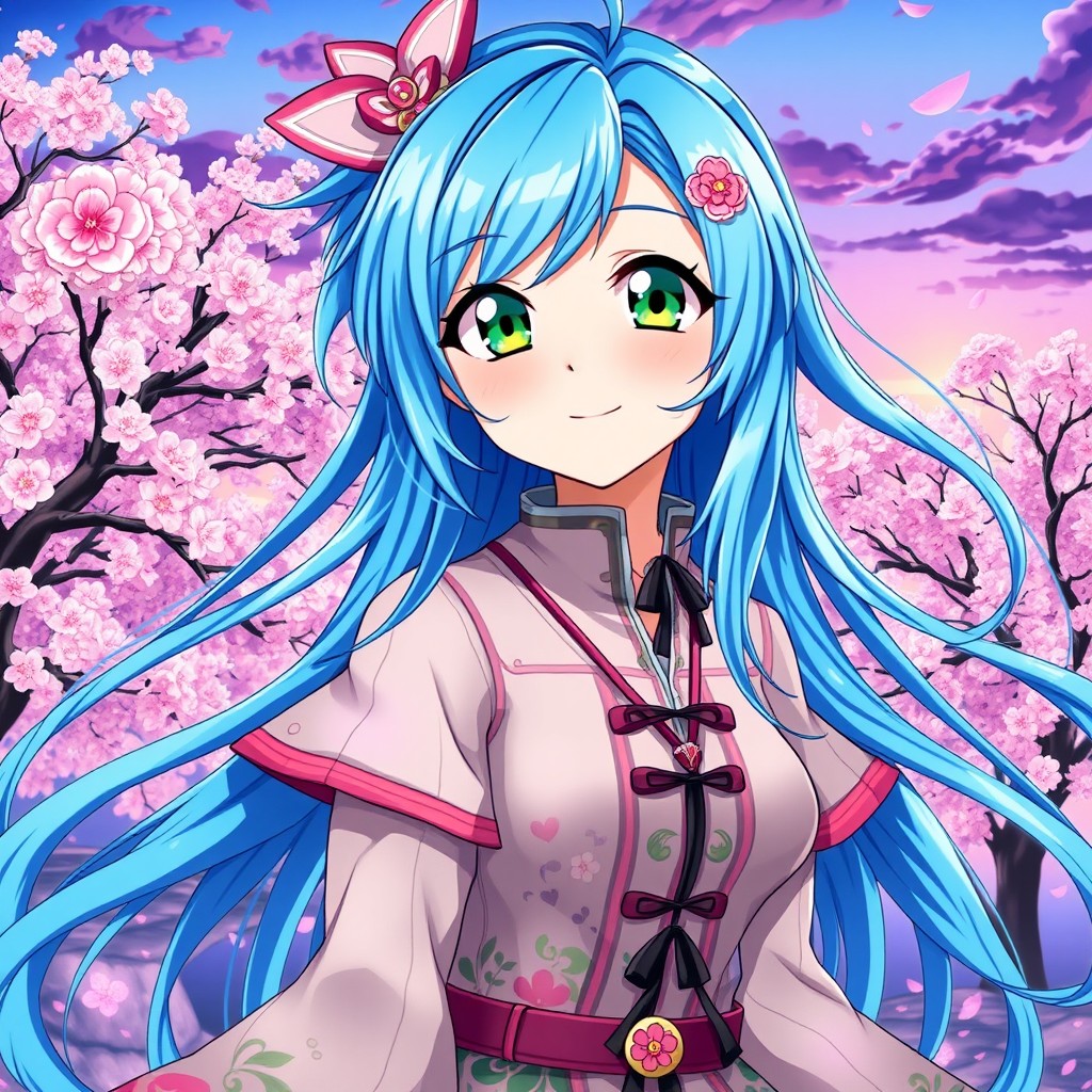 A beautifully detailed anime girl with bright blue hair styled in long flowing strands, wearing a stylish and colorful outfit adorned with floral patterns