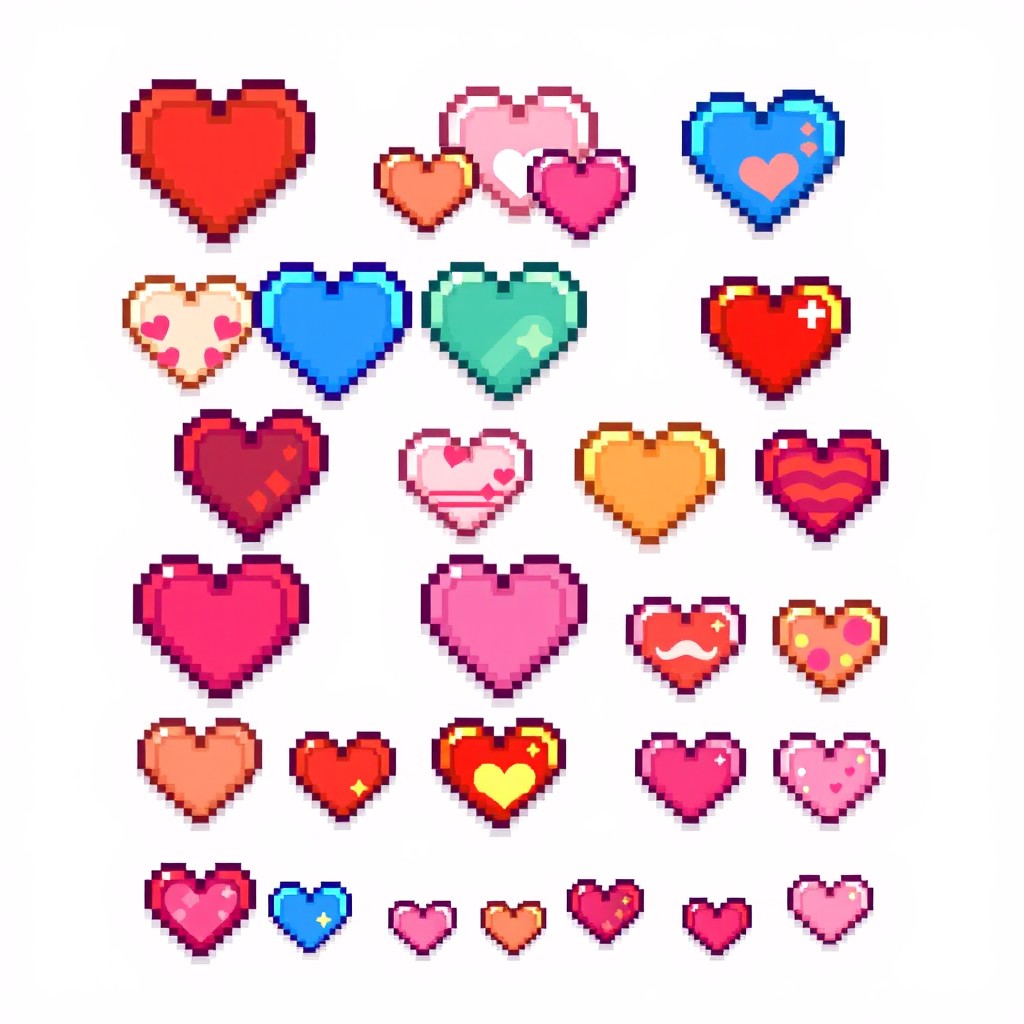 A pixel art spritesheet featuring a collection of hearts, each designed at a 45-degree angle