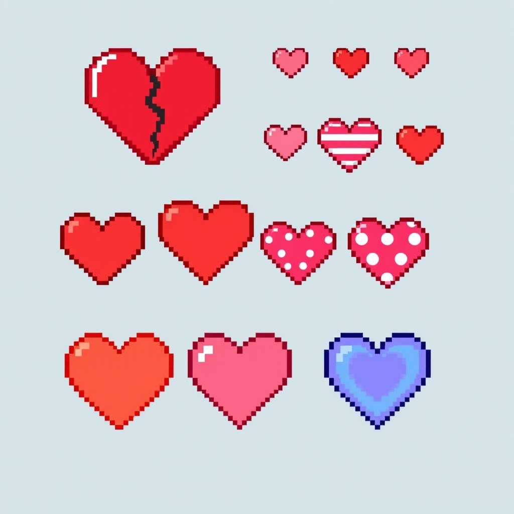 A pixel art spritesheet featuring hearts in different styles and sizes