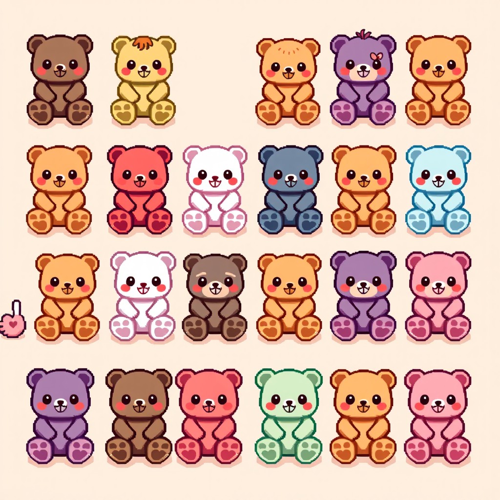 A pixel art spritesheet featuring a collection of adorable seated plush toys (peluches) with cute heart designs on their feet