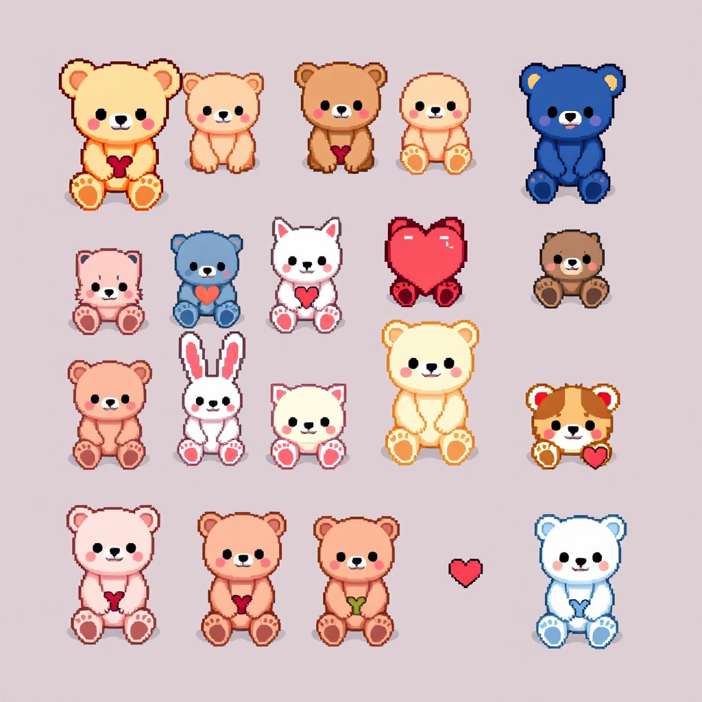 A pixel art sprite sheet featuring adorable plush toys (peluches) sitting down, each with cute hearts on their feet