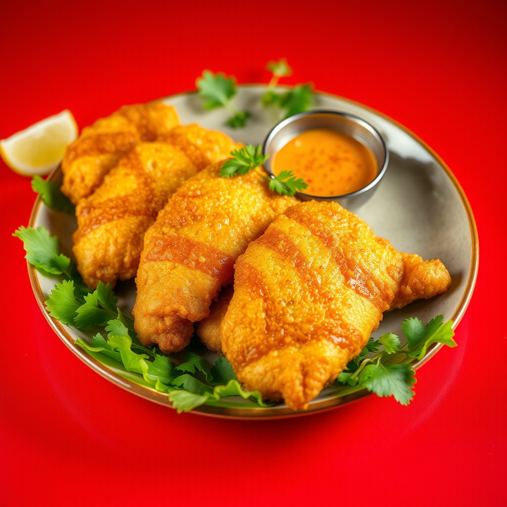 A beautifully arranged plate of crispy fried fillet, presented on a vibrant red background