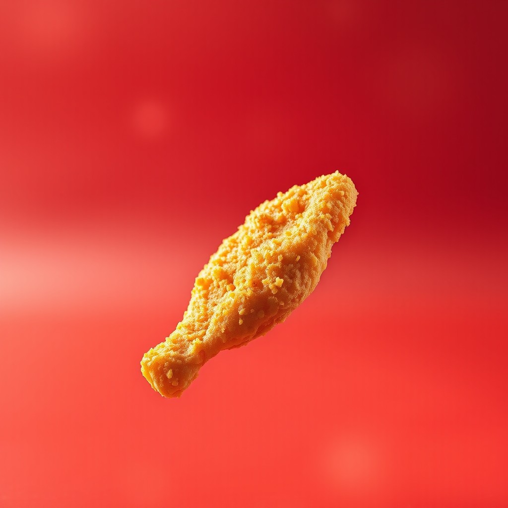 A surreal scene featuring a golden crispy fried fillet, floating gracefully in mid-air above a vibrant red background
