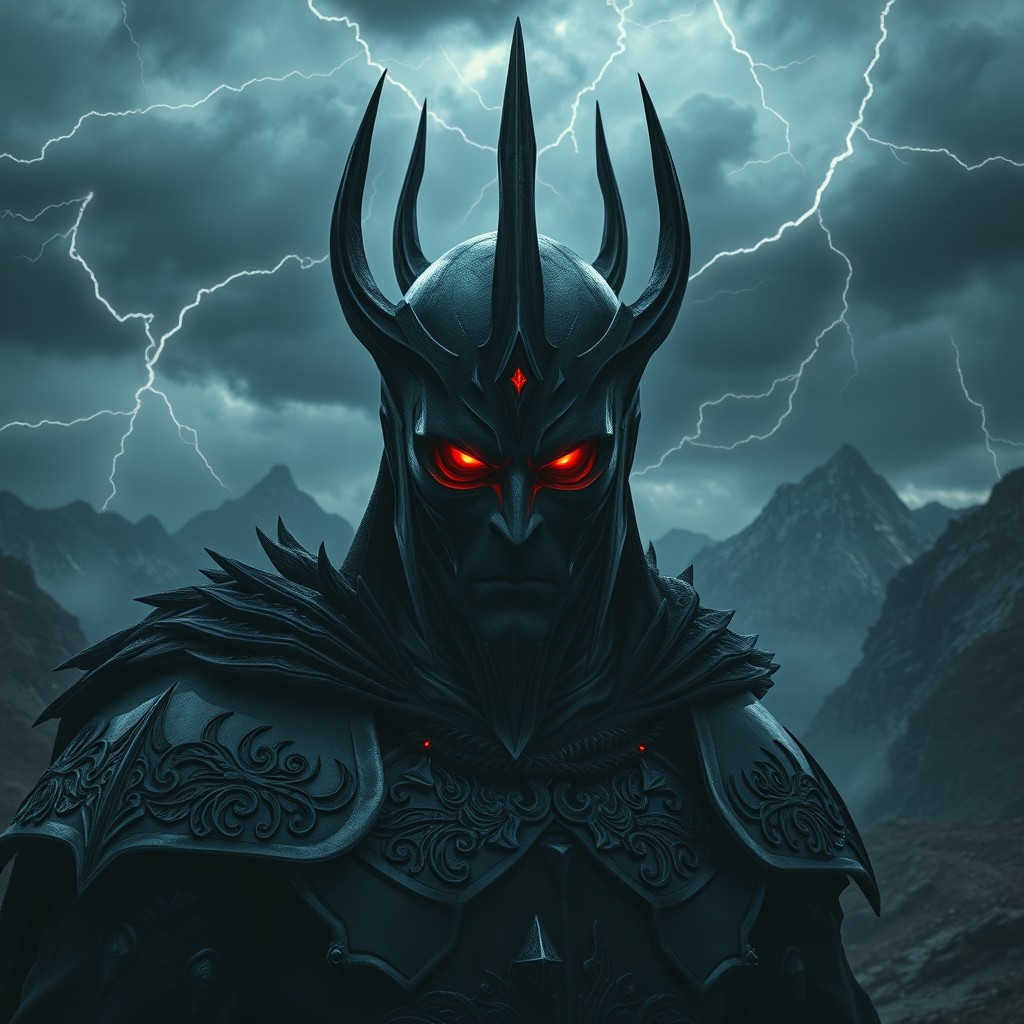 A dark and ominous figure resembling a powerful dark lord, inspired by Sauron from The Lord of the Rings