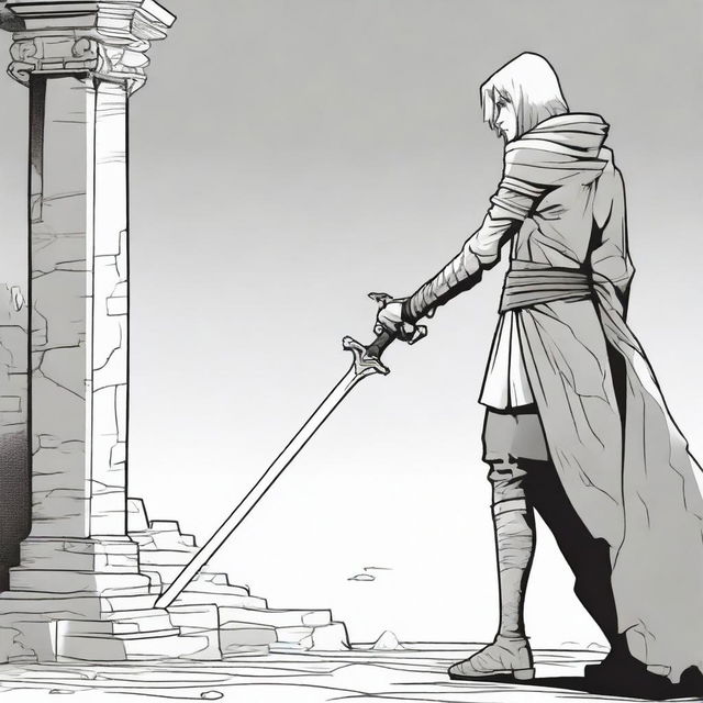 A 2D comic scene capturing a side view of a single hand firmly grasping a sword