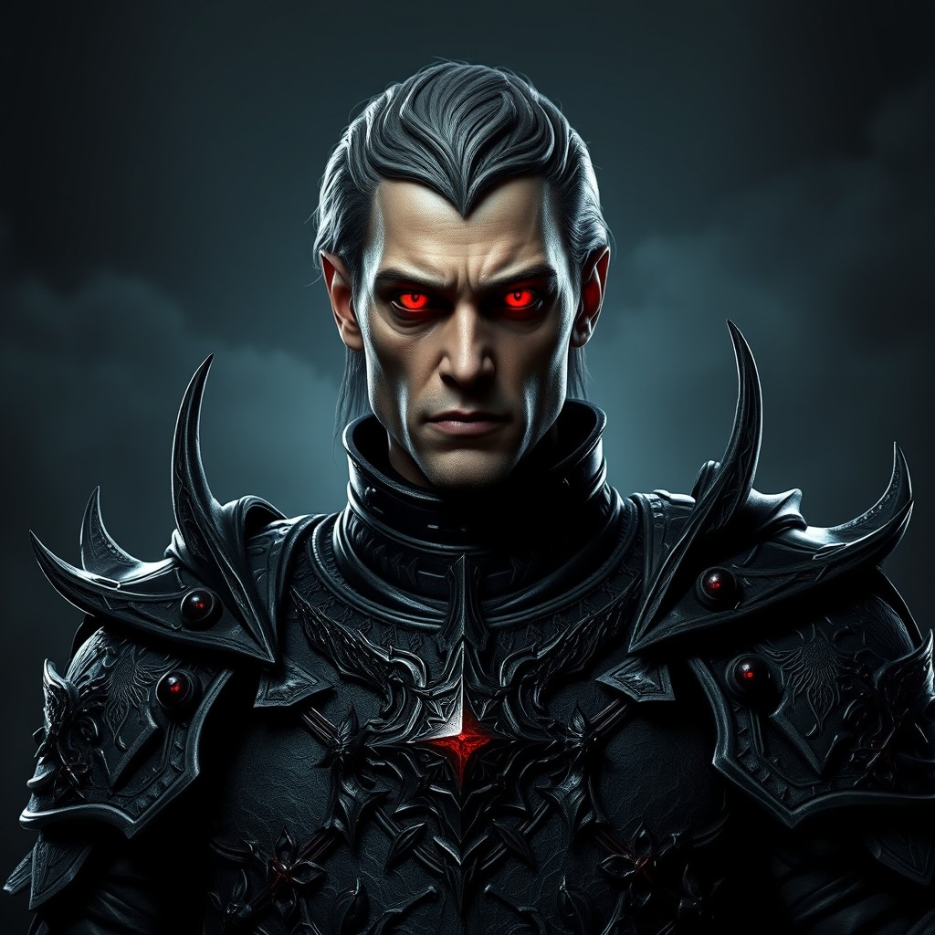 A character styled as Sauron from Lord of the Rings, featuring a normal human face but with striking red eyes
