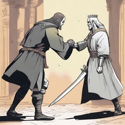 A 2D comic scene depicting a dramatic confrontation. A lone hand grasps a sword in opposition to an evil king