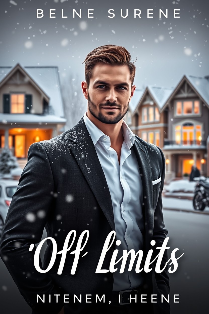 A steamy romantic book cover depicting a sharp-looking man in a tailored suit, set against the backdrop of a high-income suburban neighborhood blanketed in a snowstorm