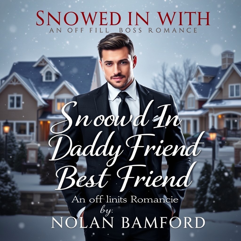 A steamy romantic book cover featuring a sharp-looking man in a well-tailored suit, standing confidently in a luxurious high-income suburban neighborhood during a snowstorm
