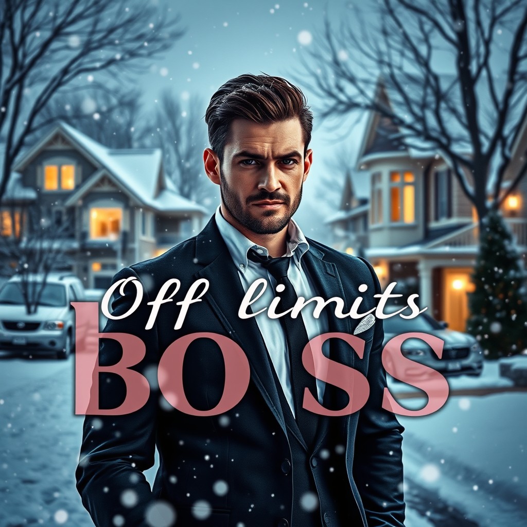 A steamy romantic book cover depicting a sharp-looking man in a tailored suit, set against the backdrop of a high-income suburban neighborhood blanketed in a snowstorm