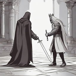 A 2D comic scene depicting a dramatic confrontation. A lone hand grasps a sword in opposition to an evil king