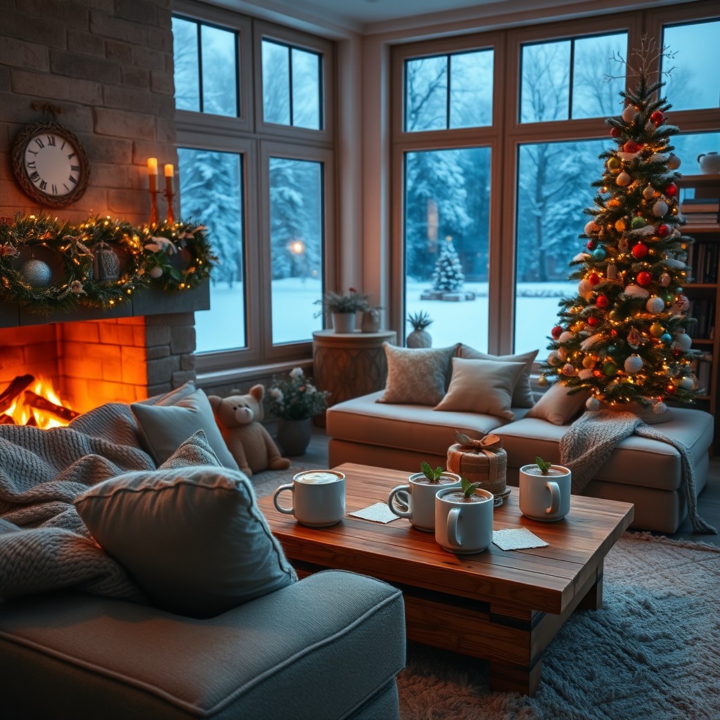 A cozy interior scene featuring a beautifully decorated living room during a winter evening